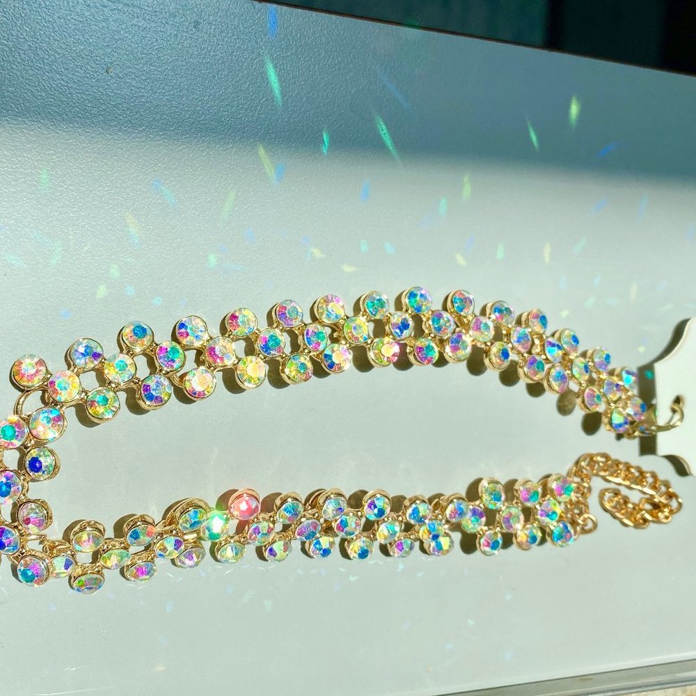 New $80 Aurora Borealis Glass Christmas Party Stones Multi 10 Links Choker Neck…